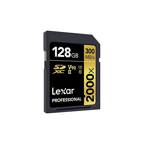 Schwarze Lexar-SD-Karte mit Aufdrucken: 128 GB, 300 MB/s, V90, 2000x.