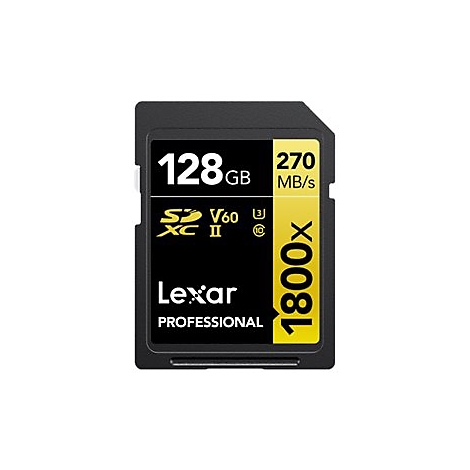 Schwarze SD-Karte mit weißem Text: 128GB, 270 MB/s, Lexar Professional, 1800x, SDXC II, V60.
