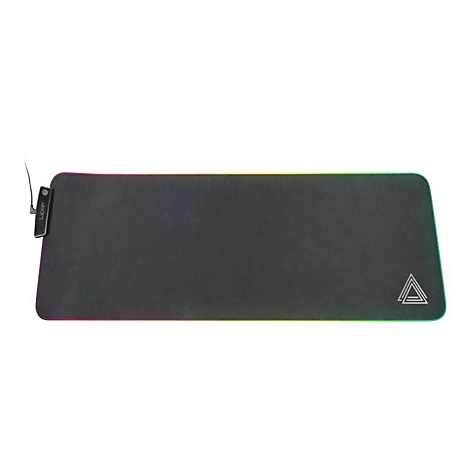 Schwarzes Gaming-Mauspad mit RGB-Beleuchtung und Logo.