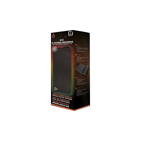 Schwarze Mauspad-Verpackung, links das Produkt, rechts Detailansichten, oben Schriftzug: 810 XL Flexible Mousepad.
