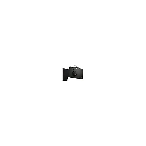 Schwarzes Gaming-Mauspad mit Maus, die an einem Computer angeschlossen ist. Auf dem Pad befindet sich ein Logo.