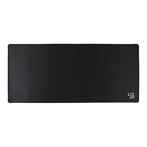 Schwarzes, rechteckiges Mousepad mit einem Logo in der rechten unteren Ecke.