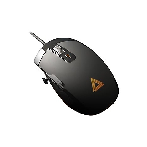 Schwarze Gaming-Maus mit silbernen Akzenten, Scrollrad und Logo. Ein Kabel ist angeschlossen.