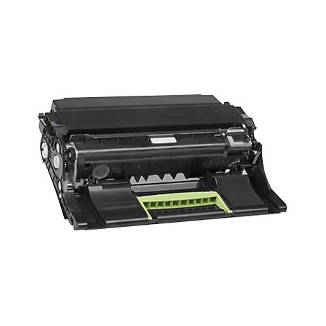 Cartouche de toner noire avec des Ã©lÃ©ments vert clair. Elle repose sur un fond blanc.