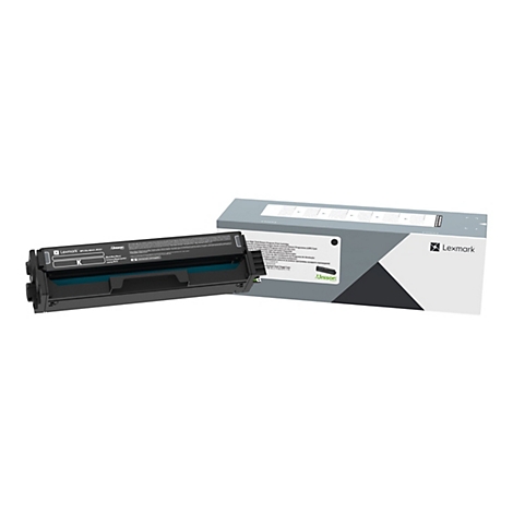 Une cartouche de toner noire Lexmark MPS Elite avec son emballage, tous deux sur fond blanc. La cartouche est ouverte et révèle des détails.