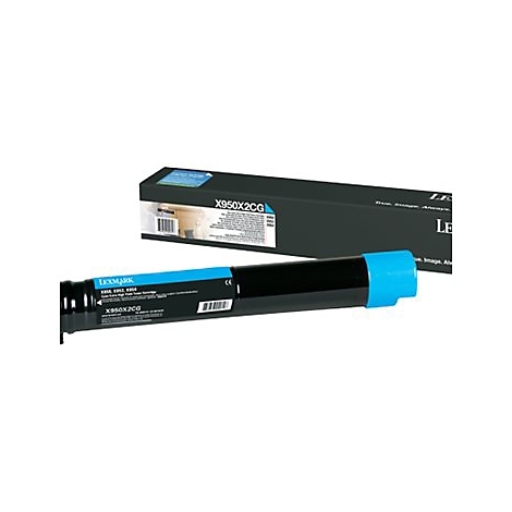 Cartouche de toner Lexmark X950X2CG. Cartouche noire avec des accents turquoise et boîte. Imprimé: X950X2CG.