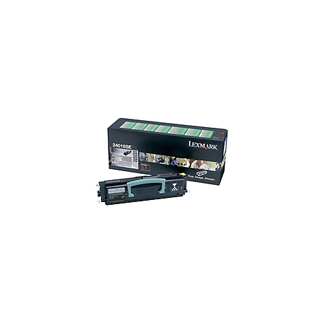 Schwarze Lexmark-Tonerpatrone mit grünen Griff, neben der Produktverpackung, Aufschrift "Lexmark".