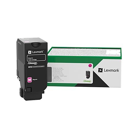 Cartouche de toner Lexmark noire et emballage vert. La cartouche indique "Magenta".