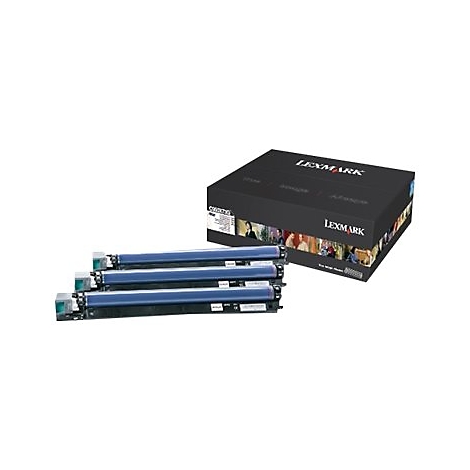 Drei blaue Druckerwalzen neben einer schwarzen Lexmark-Verpackung mit bunten Bildern.