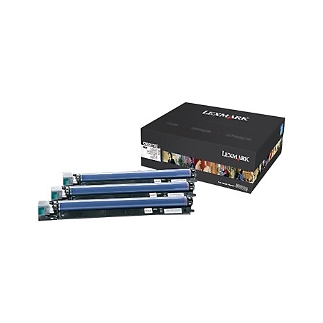 Drei blaue Druckerpatronen liegen neben einer schwarzen Lexmark-Box. Auf der Box ist der Name "LEXMARK" zu lesen.