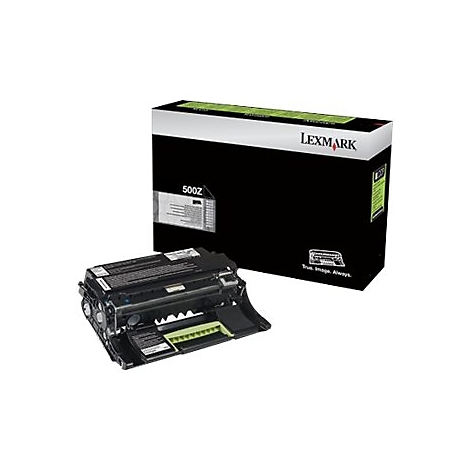 Schwarze Lexmark 500Z Tonerkartusche und Verpackung auf weißem Hintergrund.