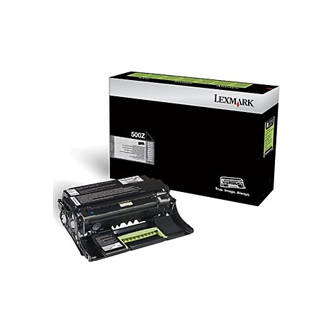 Lexmark Tonerpatrone und Verpackung. Auf schwarzem Hintergrund, vorne die Patrone, dahinter die schwarze Verpackung.