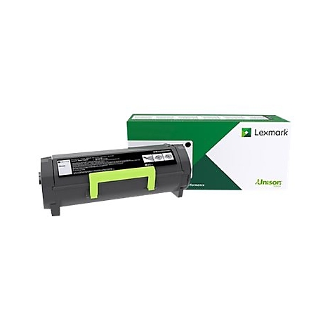 Cartouche de toner noire et emballage de Lexmark. Cartouche avec poignée verte, emballage avec couvercle vert et logo.