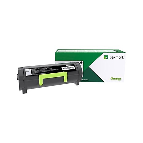 Lexmark Tonerkartusche, schwarz und grün, neben Produktverpackung. Aufdruck: Lexmark, Unison.