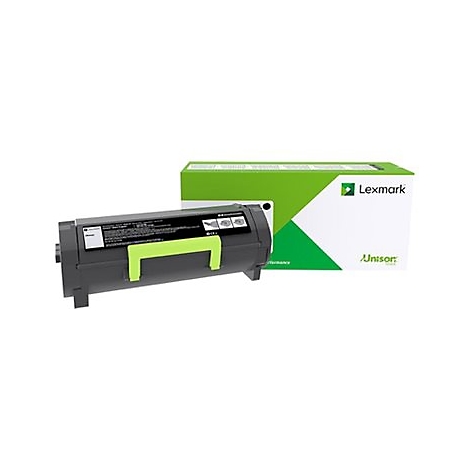 Ein schwarzer Lexmark-Toner mit grünem Griff, daneben eine Schachtel mit Lexmark-Logo.