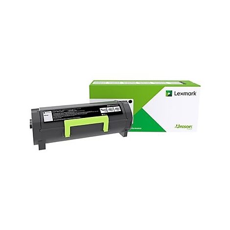 Lexmark Tonerkartusche in Grau mit hellgrünem Griff vor der zugehörigen weiß-grünen Produktverpackung.