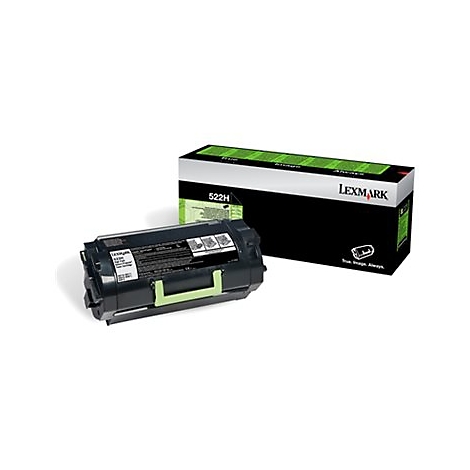 Schwarze Tonerkartusche und Verpackung von Lexmark. Kartusche: schwarz mit grünem Griff. Verpackung: schwarz, weiß und grün. Aufschrift: 522H, Lexmark.