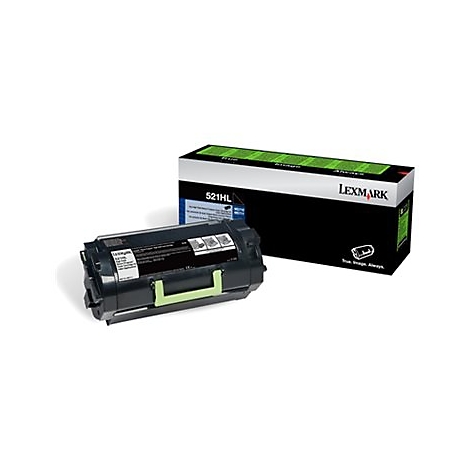 Schwarze Lexmark Tonerkartusche und Box, beide vor weißem Hintergrund. Auf der Kartusche steht 521HL.