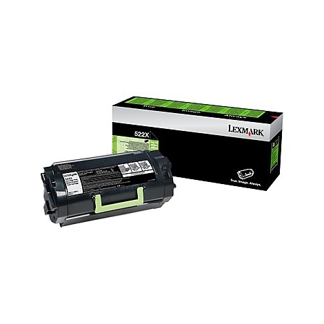 Schwarze Lexmark 522X Tonerpatrone neben einer schwarzen Verpackung mit grünen Akzenten.