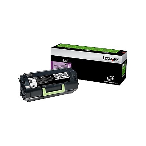 Cartouche de toner noire Ã  cÃ´tÃ© d'une boÃ®te noire avec des accents verts et blancs et le logo LEXMARK.