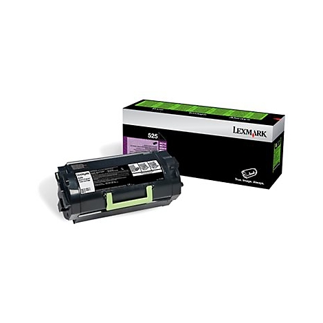 Cartouche de toner Lexmark noire avec des Ã©lÃ©ments verts et un emballage du produit. La boÃ®te est noire avec une Ã©tiquette verte et blanche.