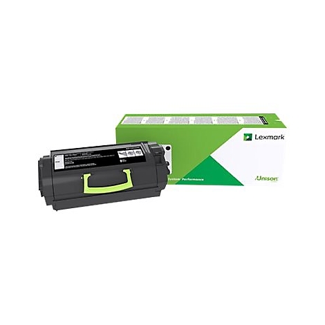 Schwarze Tonerkartusche und grüne Verpackung von Lexmark. Auf der Kartusche sind Texte und Logos zu sehen.