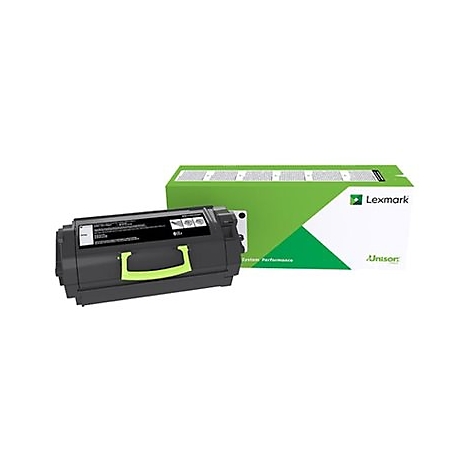 Schwarze Tonerkartusche und grüne Verpackung von Lexmark. Beide vor weißem Hintergrund.