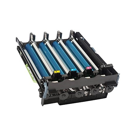 Ein geöffnetes Druckermodul mit vier bunten Walzen, darunter gelb, blau, pink und türkis.