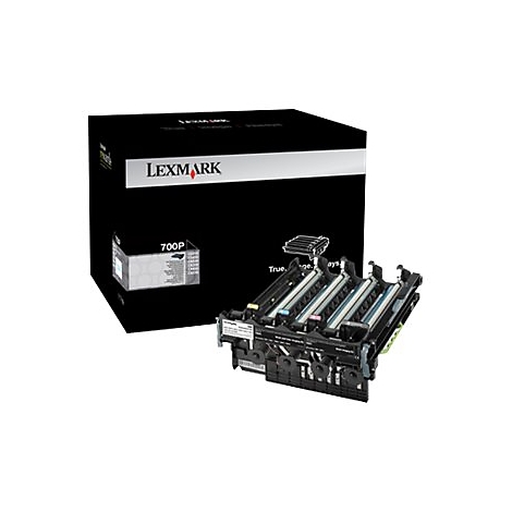 Lexmark Tintenpatrone und Verpackung. Auf der schwarzen Verpackung steht "Lexmark". Die Patrone hat vier farbige Bereiche.