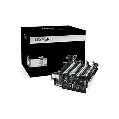 Ein schwarzer Lexmark-Toner und die dazugehörige Verpackung. Auf der Verpackung steht "Lexmark" und "700P".