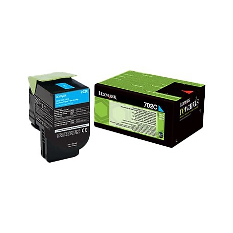 Lexmark 702C Tintenpatrone und Verpackung. Schwarz, Cyan und Grün dominieren das Design.
