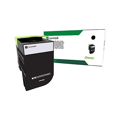 Schwarze Lexmark Tonerpatrone und Verpackung. Auf der Verpackung steht 'Lexmark' und 'Unison'.