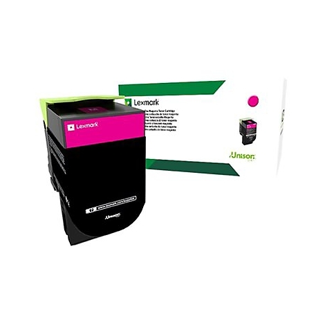 Lexmark Tintenpatrone, schwarz und pink, neben einer weißen Box mit Produktinformationen.