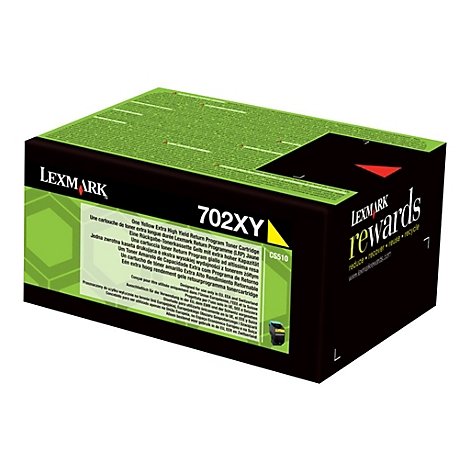 Schwarzer Lexmark-Toner-Kasten mit gelbem Akzent, Produktbezeichnung 702XY und Text in mehreren Sprachen.