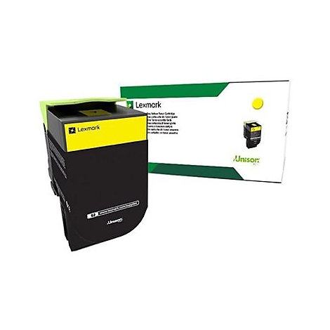 Lexmark Gelb-Tonerkartusche, links. Schwarz mit gelben Akzenten, daneben die Produktverpackung.