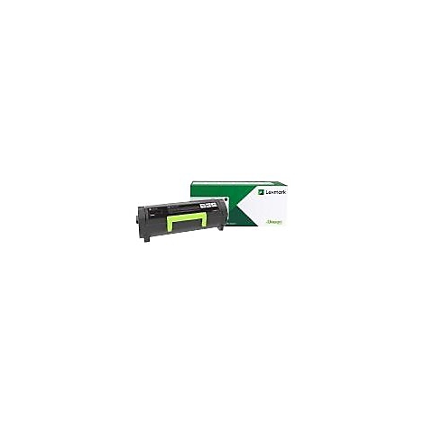 Cartouche de toner noire avec des accents verts et une boÃ®te Lexmark, sur fond blanc.