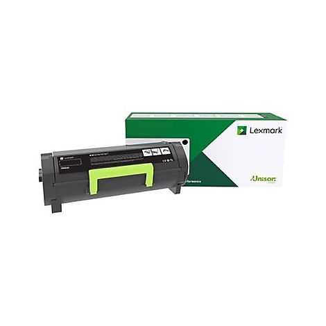 Cartouche de toner noire avec poignÃ©e verte et boÃ®te Lexmark sur fond blanc.