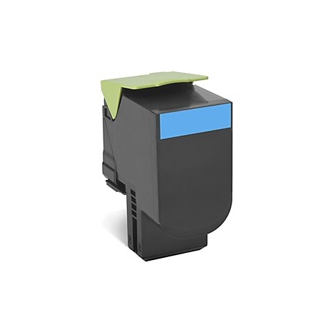 Schwarze Tonerkartusche mit einem hellblauen Streifen und einem hellgrünen Deckel.