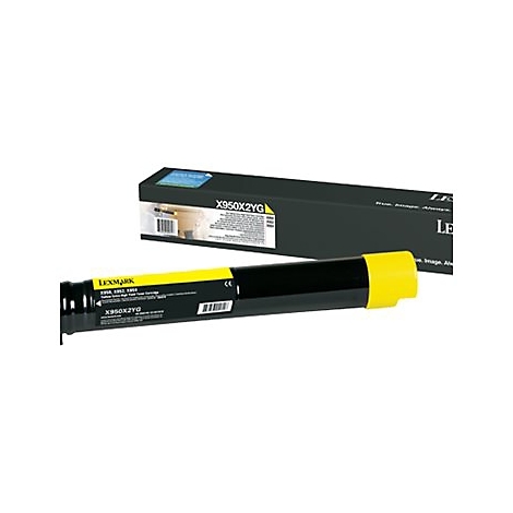 Gelbe Lexmark-Tonerpatrone neben der schwarzen Verpackung, Text: X950X2YG.