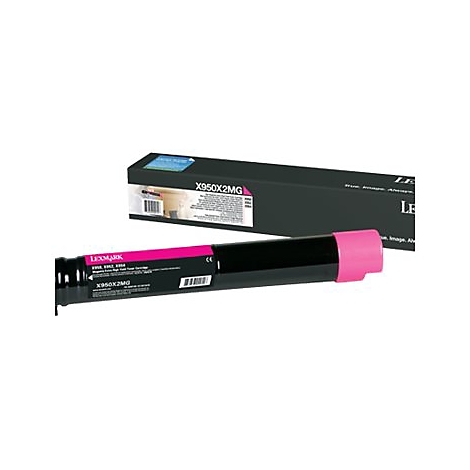 Eine schwarze Lexmark Tonerkartusche mit rosa Enden und einem Karton im Hintergrund, beschriftet mit X950X2MG.