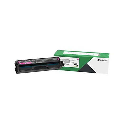 Eine Druckerpatrone, schwarz, mit pinkfarbenen Elementen und einer grÃ¼nen Schachtel mit dem Lexmark-Logo.