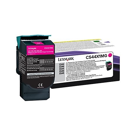 Eine Lexmark C544X1MG Tonerkartusche mit Verpackung vor weiÃŸem Hintergrund. Aufdrucke in Magenta und Schwarz, Box violett.