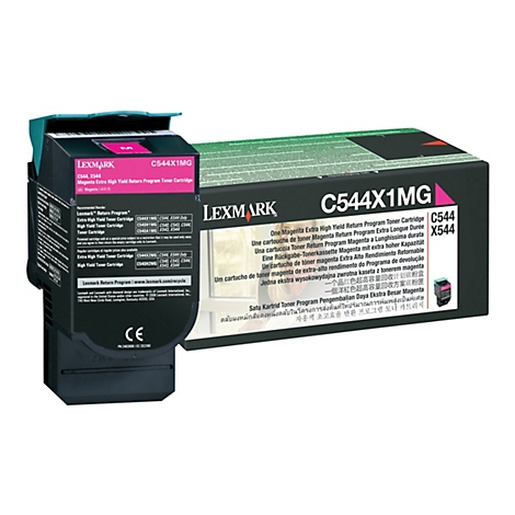 Lexmark-Toner in Schwarz, Magenta und GrÃ¼n, auf weiÃŸem Hintergrund, mit Produktname und technischen Details.
