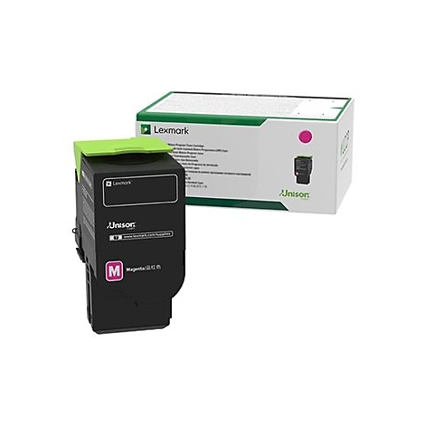 Schwarze Tintenpatrone mit Magenta-Farbe und grÃ¼ner Kappe, daneben eine Kartonverpackung mit Lexmark-Logo.
