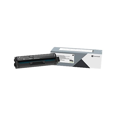 Schwarze Tonerpatrone, geöffnet neben der grauen und weißen Verpackung. Auf der Verpackung befindet sich das Lexmark-Logo.