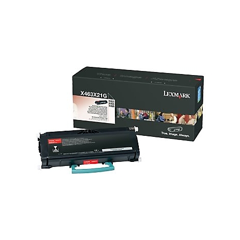 Schwarze Lexmark-Tonerpatrone und Verpackung. Aufdruck: X463X21G, True. Image. Always.