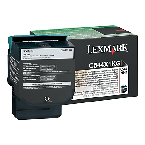 Schwarze Lexmark Toner-Kartusche C544X1KG, abgebildet vor weißem Hintergrund, Text in mehreren Sprachen.