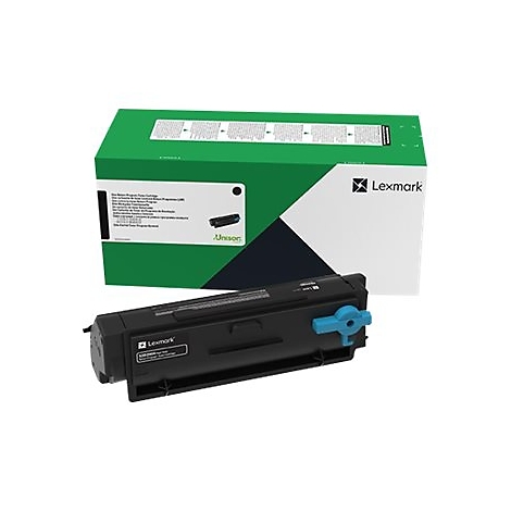 Eine schwarze Lexmark Tonerkartusche liegt vor einer grünen und weißen Box mit Lexmark Logo.