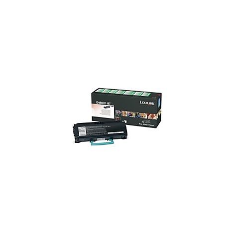 Schwarze Tonerkartusche und Verpackung von Lexmark. Beide zeigen Produktbezeichnungen und Logos.