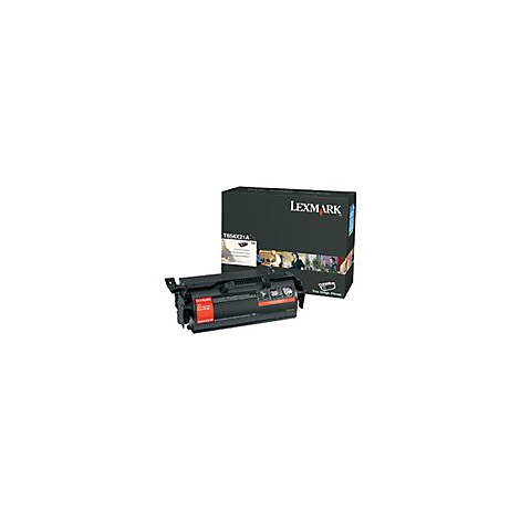 Schwarze Tonerkartusche und Lexmark-Verpackung, beschriftet mit Produktinformationen.